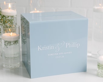 Dusty Blue Acrylic Card Box With Lock + Key | Personalized Raised Text Card Box | 3D Pop Out Text | Wedding Card Box Decal | Custom Card Box