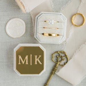 Engraved Gold Mirror Triple Slot Linen Ring Box | Wedding Ring Box | Engagement Ring Box | Triple Slot | Modern Ring Box | Square Ring Box