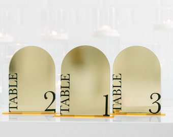 Solid Gold Mirror Acrylic Arched Table Numbers With Raised Text | Wedding Table Numbers | Custom Wedding Table Numbers | 3D Pop Out Text