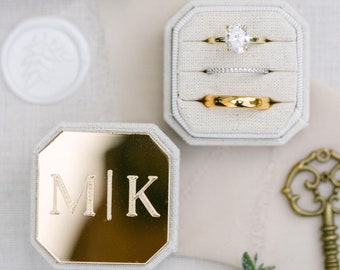 Engraved Gold Mirror Triple Slot Linen Ring Box | Wedding Ring Box | Engagement Ring Box | Triple Slot | Modern Ring Box | Square Ring Box