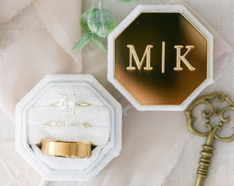 Engraved Gold Mirror Octagon Velvet Ring Box | Custom Wedding Ring Box | Engagement Ring Box | Triple Slot | Custom Modern Ring Box