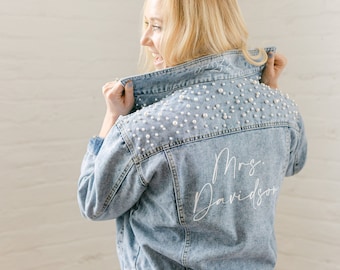 Denim Jacket With Pearls | Jean Jacket | Bride Jean Jacket | Custom Jean Jacket | Mrs. Demin Jacket