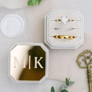 Engraved Gold Mirror Triple Slot Linen Ring Box | Wedding Ring Box | Engagement Ring Box | Triple Slot | Modern Ring Box | Square Ring Box