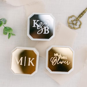Engraved Gold Mirror Triple Slot Linen Ring Box | Wedding Ring Box | Engagement Ring Box | Triple Slot | Modern Ring Box | Square Ring Box