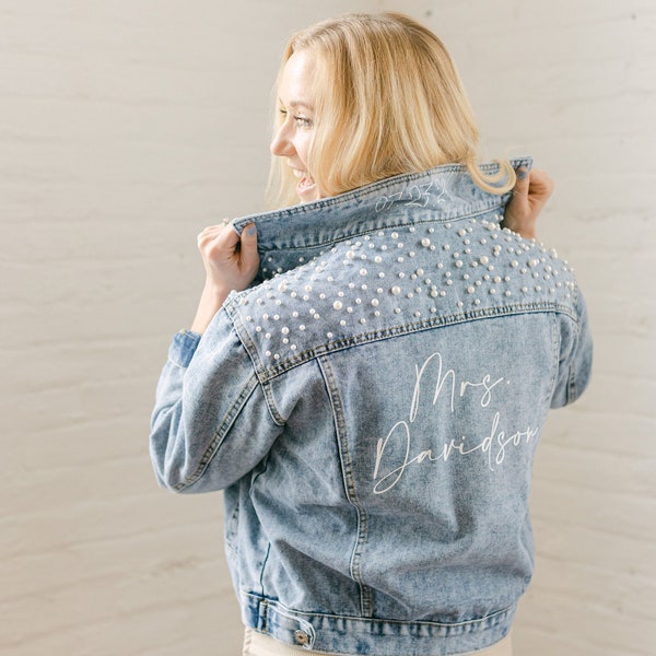 Denim Jacket With Pearls | Jean Jacket | Bride Jean Jacket | Custom Jean Jacket | Mrs. Demin Jacket