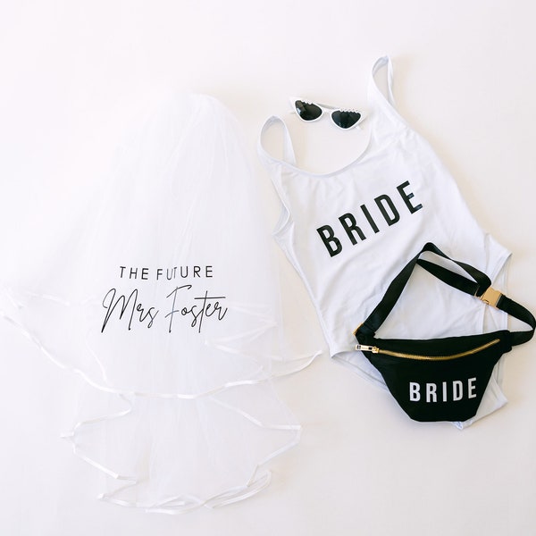 Bridal Bachelorette Set | Personalized Veil | Bride Fanny Pack + Swimsuit | Beaded Cat Eye Sunglasses | Bride Customized Accessories