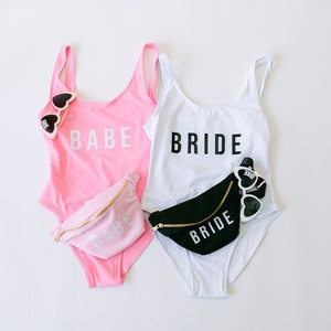 Bridal Bachelorette Set | Bride Fanny Pack + Swimsuit + Heart Shaped Sunnies | Bridal Party Gifts | Bachelorette Gifts | Bride to be Gifts