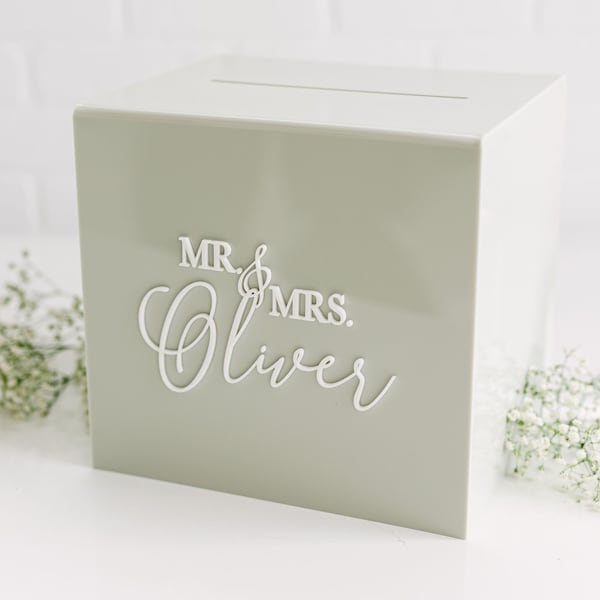 Sage-Gray Acrylic Card Box With Lock + Key | Personalized Raised Text Card Box | 3D Pop Out Text | Wedding Card Box Decal | Custom Card Box