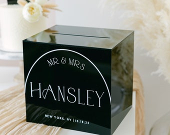 Black Acrylic Card Box With Lock and Key | Personalized Raised Text Card Box | 3D Pop Out Text | Wedding Card Box Decal | Custom Card Box