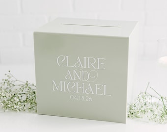 Sage-Gray Acrylic Card Box With Lock + Key | Personalized Raised Text Card Box | 3D Pop Out Text | Wedding Card Box Decal | Custom Card Box