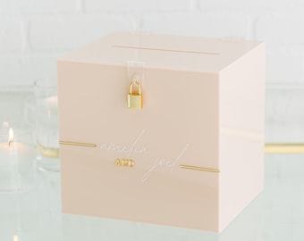 Champagne Blush Acrylic Card Box | Personalized Raised Text Card Box | 3D Pop Out Text | Custom Wedding Card Box Decal | Lock and Key