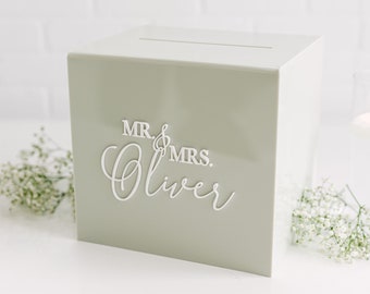 Sage-Gray Acrylic Card Box With Lock + Key | Personalized Raised Text Card Box | 3D Pop Out Text | Wedding Card Box Decal | Custom Card Box