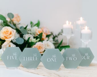 Painted Acrylic Hexagon Table Numbers With Raised Text | Wedding Table Numbers | Custom Wedding Table Numbers | 3D Pop Out Text