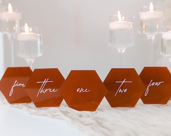 Painted Acrylic Hexagon Table Numbers With Raised Text | Wedding Table Numbers | Custom Wedding Table Numbers | 3D Pop Out Text