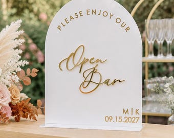 Personalized Open Bar Wedding Sign | Custom Acrylic Bar Sign with Initials & Date | Modern Gold Wedding Reception Decor