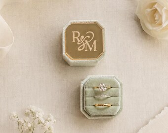 Personalized Engraved Triple Slot Beveled Velvet Ring Box – Wedding & Engagement Ring Holder – Modern Square Design