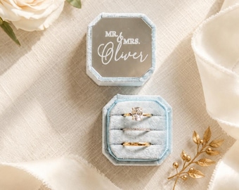 Personalized Engraved Triple Slot Beveled Velvet Ring Box – Wedding & Engagement Ring Holder – Modern Square Design