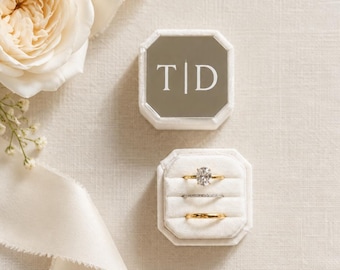 Personalized Engraved Triple Slot Beveled Velvet Ring Box – Wedding & Engagement Ring Holder – Modern Square Design
