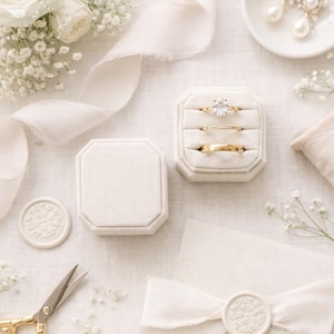 Peut inclure: Une composition de mariage élégante avec une boîte à bagues contenant trois bagues en or, une petite coupelle avec des boucles d'oreilles en perles, une enveloppe blanche avec un sceau de cire et des ciseaux dorés. Des roses blanches et du gypsophile sont disposés.