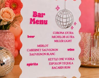 Custom Acrylic Bar Menu Sign | Modern Wedding Bar Decor | Disco Bridal Shower Sign