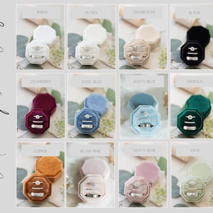 May include: A collection of twelve octagonal velvet ring boxes in various colours including white, ivory, champagne, black, cranberry, steel blue, dusty blue, emerald, copper, blush pink, dusty rose, and sage, each holding three silver rings.