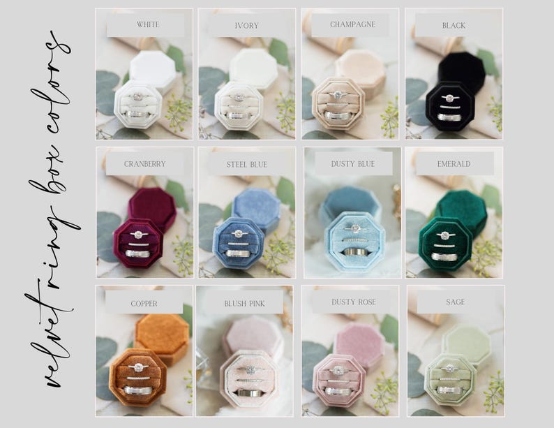 May include: A collection of twelve octagonal velvet ring boxes in various colours including white, ivory, champagne, black, cranberry, steel blue, dusty blue, emerald, copper, blush pink, dusty rose, and sage, each holding three silver rings.