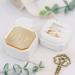 Engraved Gold Mirror Triple Slot Linen Ring Box | Wedding Ring Box | Engagement Ring Box | Triple Slot | Modern Ring Box | Square Ring Box