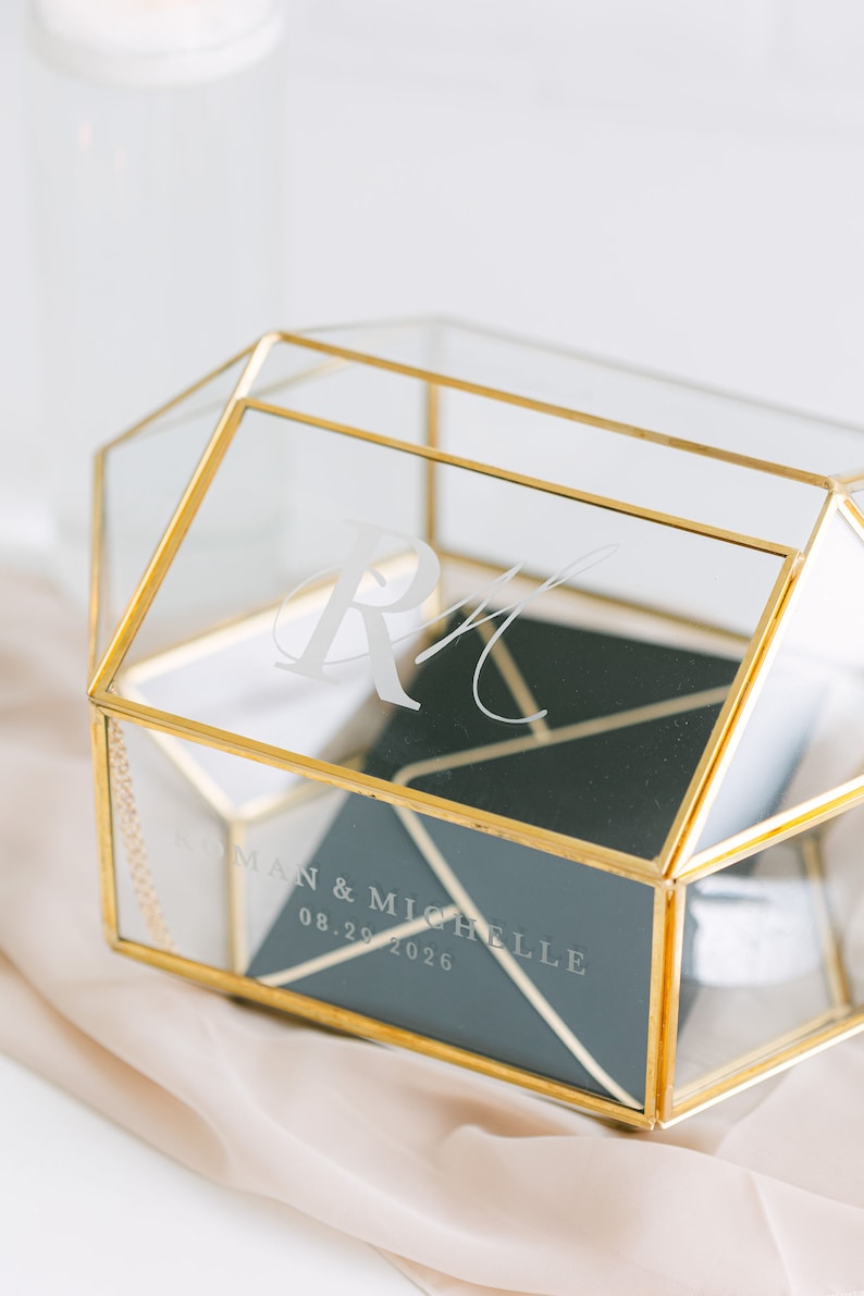 Geometric Glass Wedding Card Box with Slot Glass Card Box Gold Framed Glass Holder Wedding Card Box with Hinged Lid Modern Card Box image 5