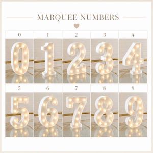 May include: White marquee numbers 0-9 with warm white LED lights. The numbers are displayed on a reflective surface. The text "MARQUEE NUMBERS" is at the top of the image. These illuminated numbers are ideal for events and celebrations.