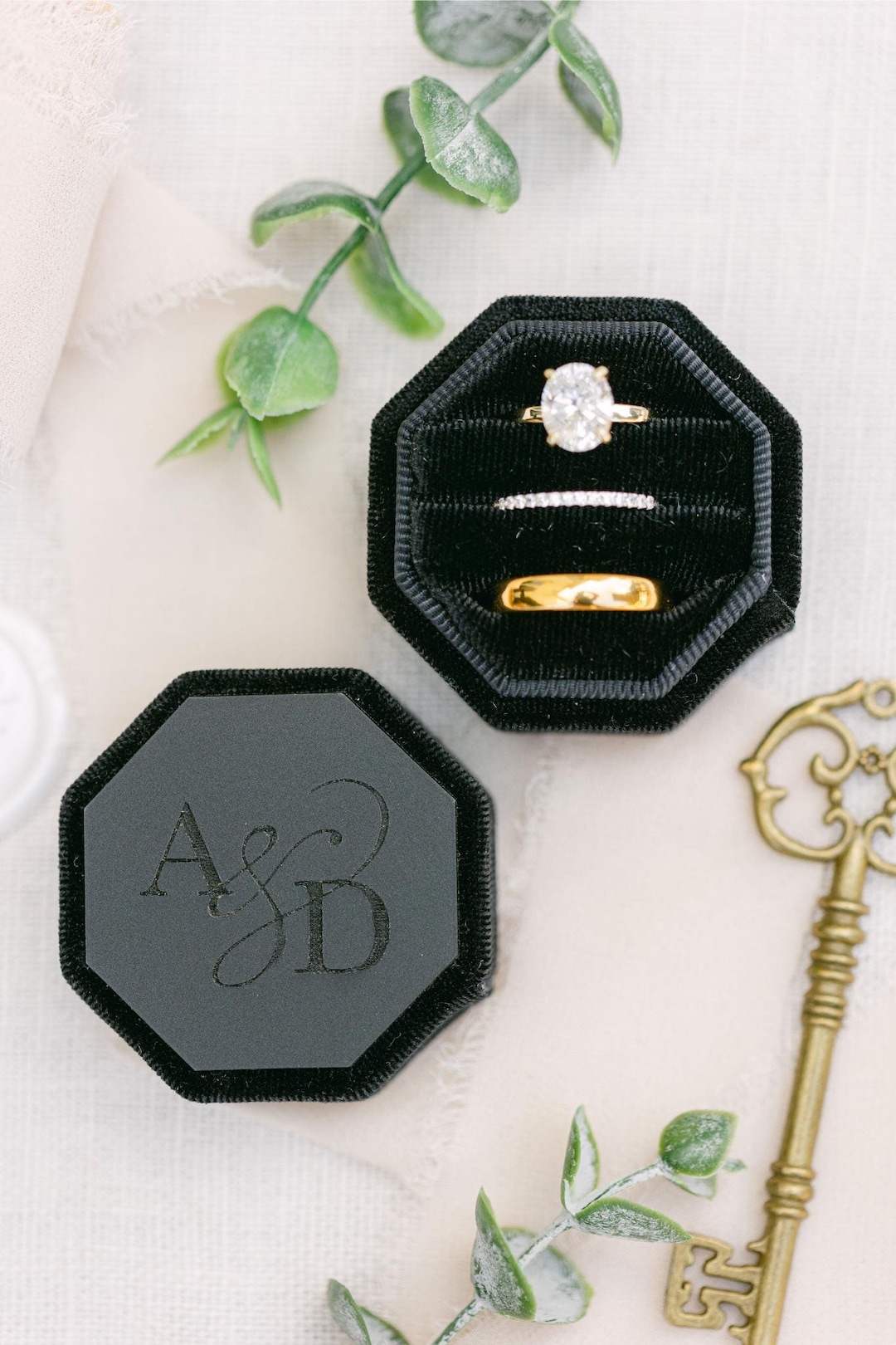 Scatola Portaanelli Ottagonale In Velluto Verde Con 3 Fessure - Elegante Per Fidanzamento E Matrimonio