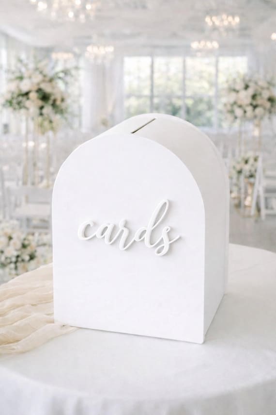 White Arched Acrylic Card Box with Lock & Key | Personalized Raised Text Card Box | 3D Text | Flat Vinyl Decal | Custom Wedding Decor
