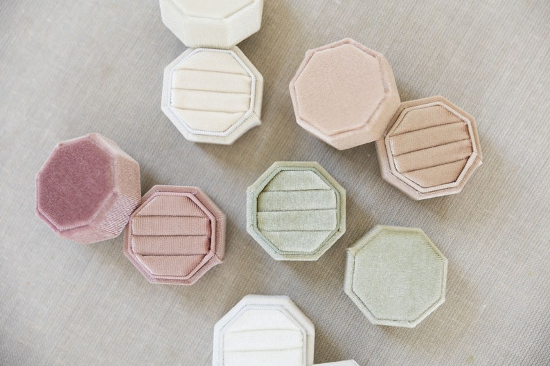 Glohox Rosehut Personalized Velvet Ring Box - Triple Slot Octagon Box For Wedding & Engagement Rings