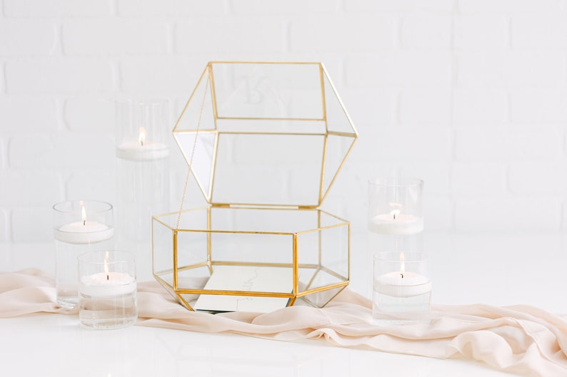 Geometric Glass Wedding Card Box with Slot Glass Card Box Gold Framed Glass Holder Wedding Card Box with Hinged Lid Modern Card Box image 8