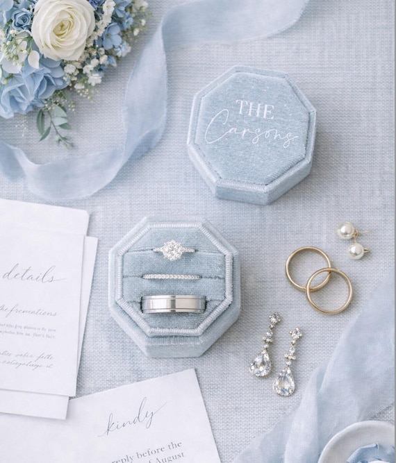 Personalized Triple Velvet Ring Box, Octagon Wedding Ring Box | Engraved Ring Bearer Box | Proposal Ring Box | Custom Wedding Keepsake Gift