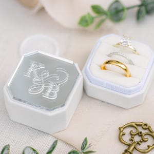 Engraved Gold Mirror Triple Slot Linen Ring Box | Wedding Ring Box | Engagement Ring Box | Triple Slot | Modern Ring Box | Square Ring Box