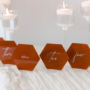Painted Acrylic Hexagon Table Numbers With Raised Text Wedding Table Numbers Custom Wedding Table Numbers 3D Pop Out Text image 2