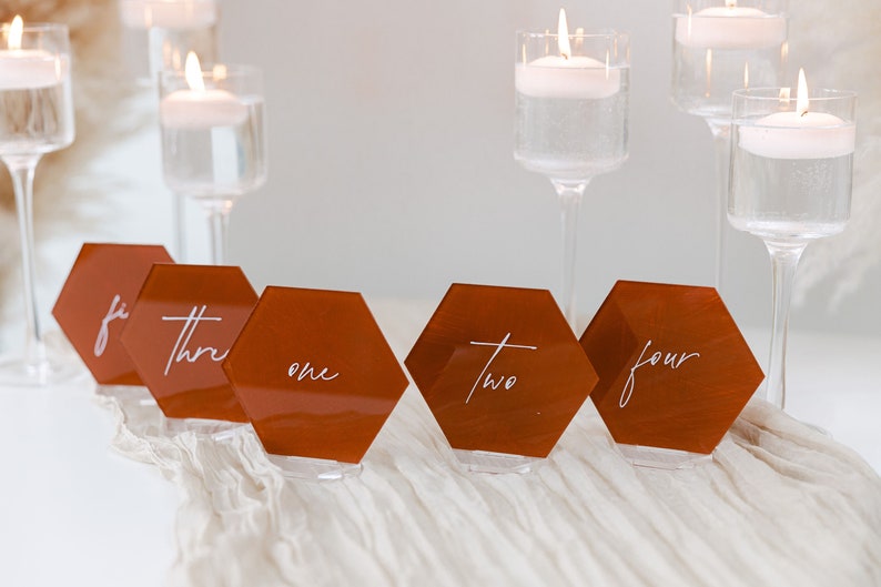 Painted Acrylic Hexagon Table Numbers With Raised Text Wedding Table Numbers Custom Wedding Table Numbers 3D Pop Out Text image 2