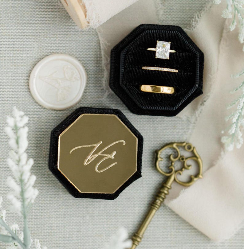 Engraved Gold Mirror Octagon Velvet Ring Box | Custom Wedding Ring Box | Engagement Ring Box | Triple Slot | Custom Modern Ring Box
