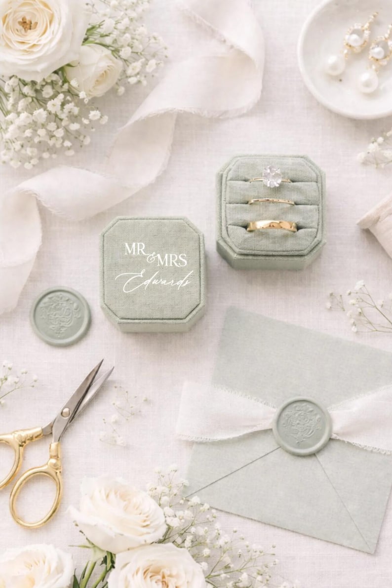 Personalized Triple Slot Linen Ring Box – Wedding & Engagement Ring ...
