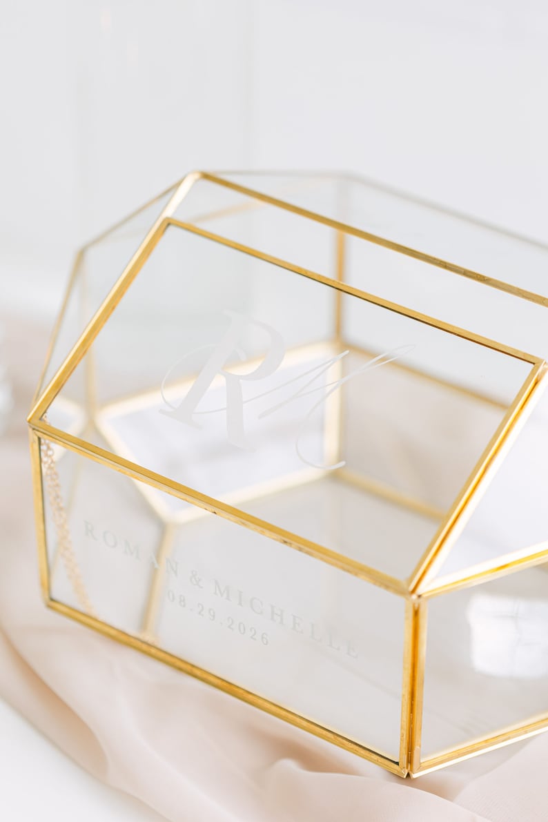 Geometric Glass Wedding Card Box with Slot Glass Card Box Gold Framed Glass Holder Wedding Card Box with Hinged Lid Modern Card Box image 3