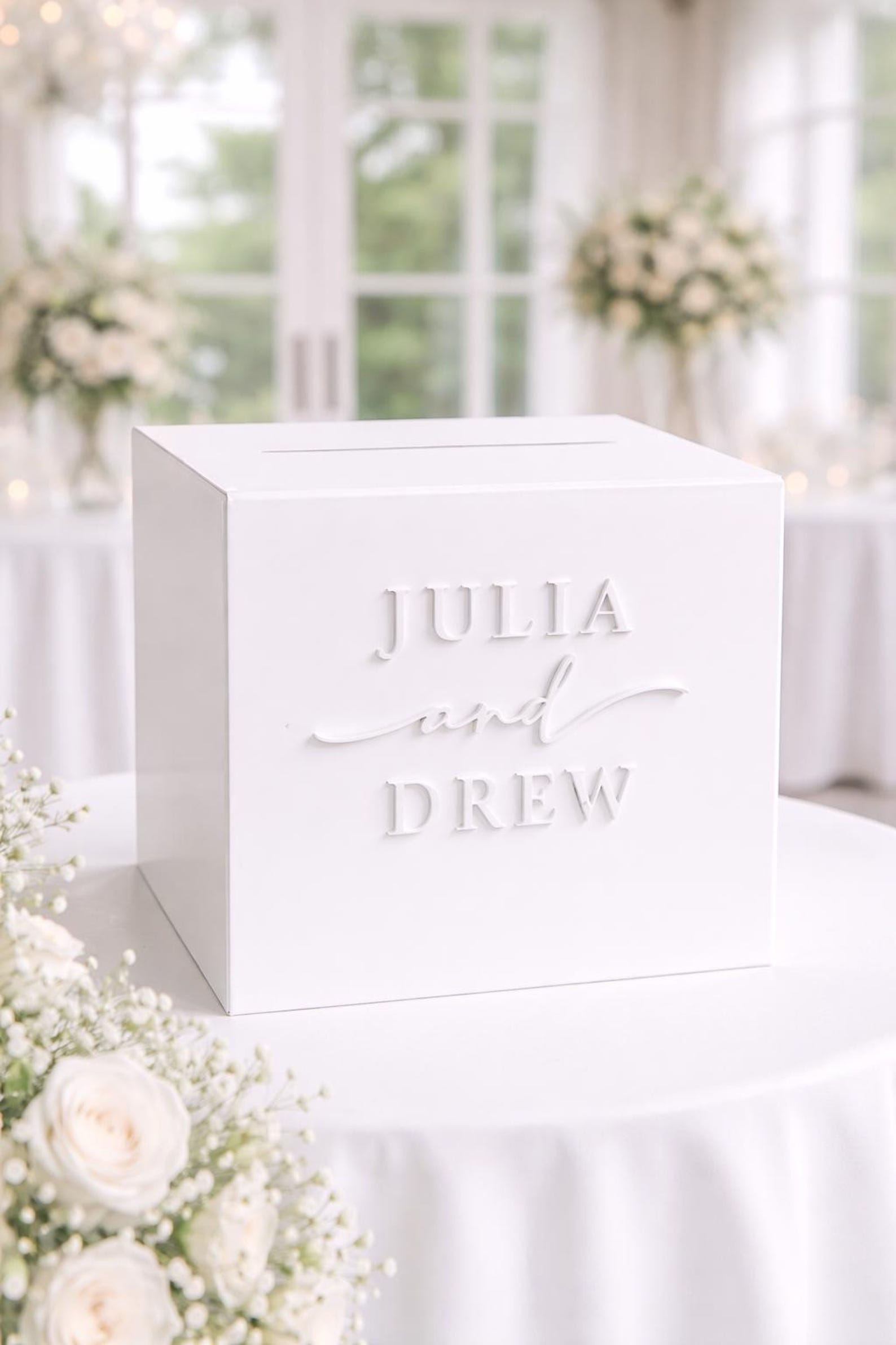 Acrylic Card Box With Lock + Key | Personalized Raised Text Card Box | 3D Pop Out Text | Flat Vinyl Decal | Custom Wedding Decor