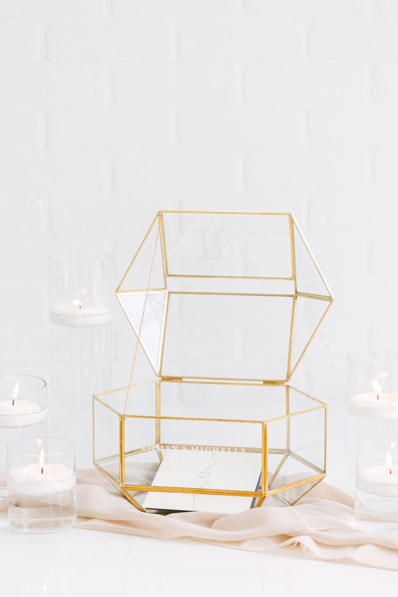 Geometric Glass Wedding Card Box with Slot Glass Card Box Gold Framed Glass Holder Wedding Card Box with Hinged Lid Modern Card Box image 9