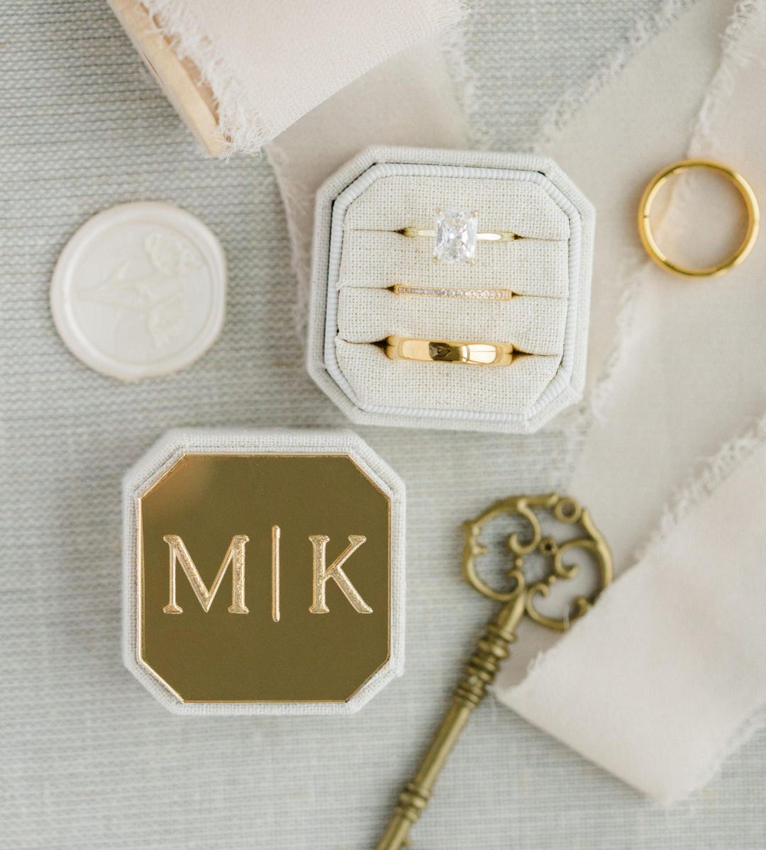 Engraved Gold Mirror Triple Slot Linen Ring Box | Wedding Ring Box