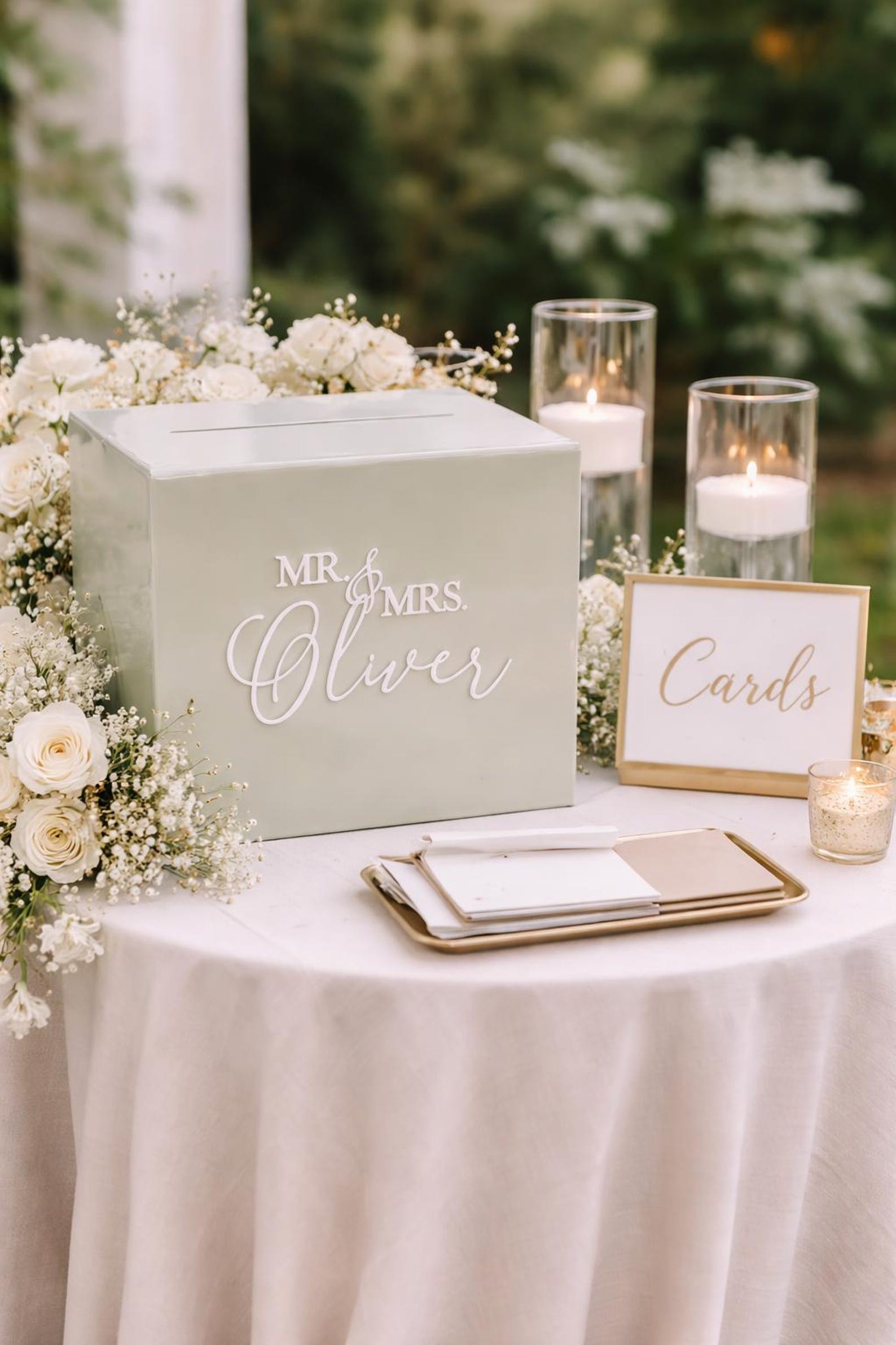 Personalized Acrylic Wedding Card Box with Lock | 3D Text - White, Dusty Blue 3D