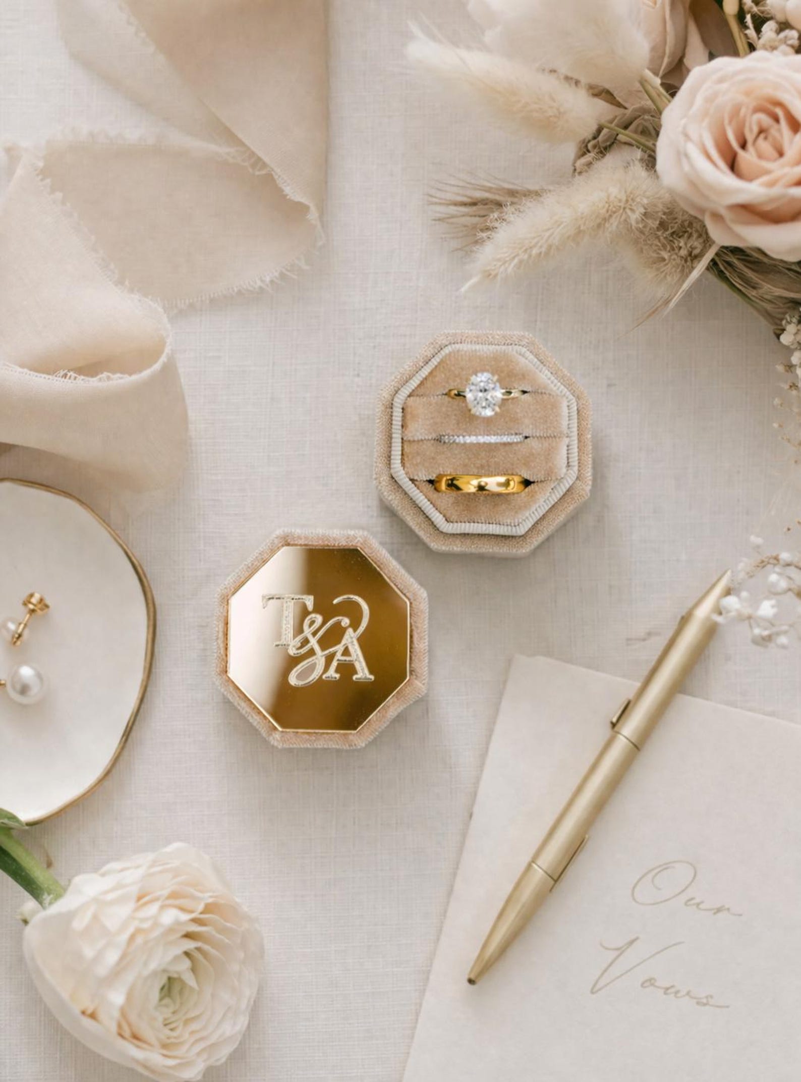 Engraved Silver Mirror Octagon Velvet Ring Box | Custom Wedding Engagement Ring Holder (Triple Slot) - White, Triple Slot