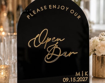 Personalized Open Bar Wedding Sign | Custom Acrylic Bar Sign with Initials & Date | Modern Gold Wedding Reception Decor