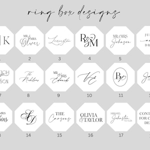 May include: A collection of eighteen octagonal ring box designs featuring black text on a white background. The designs include various monograms, names, and dates in different fonts, labeled with numbers one through eighteen for customization.