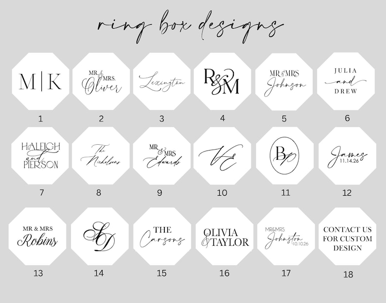 May include: A collection of eighteen octagonal ring box designs featuring black text on a white background. The designs include various monograms, names, and dates in different fonts, labeled with numbers one through eighteen for customization.