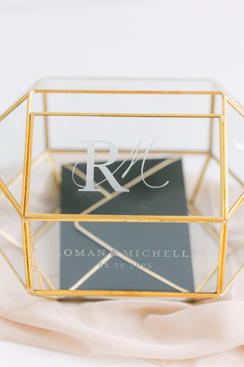 Geometric Glass Wedding Card Box with Slot Glass Card Box Gold Framed Glass Holder Wedding Card Box with Hinged Lid Modern Card Box image 4