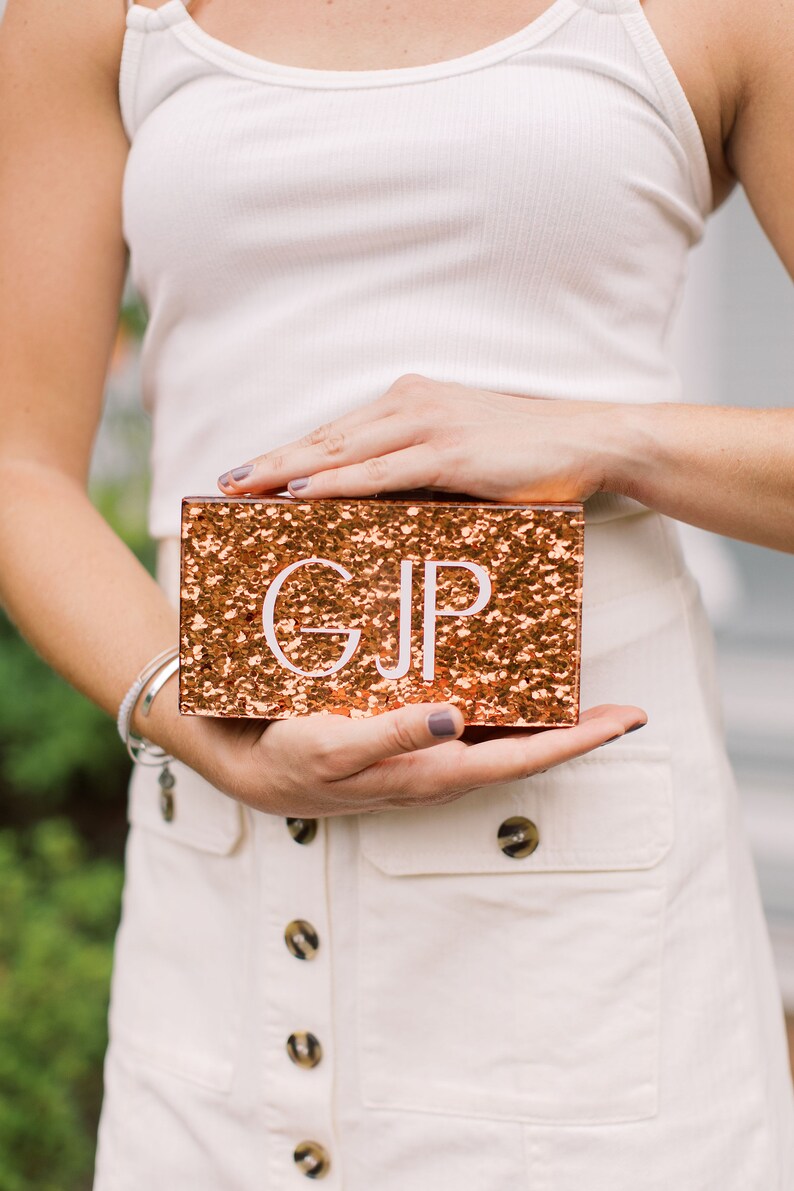 Rose Gold Glitter Acrylic Clutch Personalized Clutch Bride Etsy